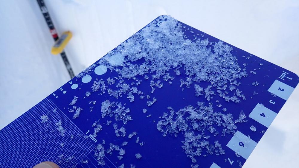 Schneedeckenuntersuchung: Kantig aufgebaute Kristalle auf einem Schneeraster (Foto: Landesamt für Meteorologie und Lawinenwarnung/Lawinenwarndienst Südtirol)